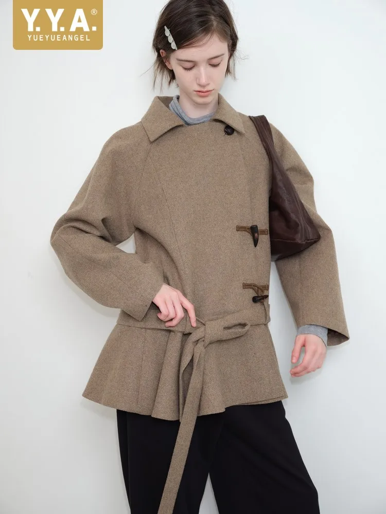 

Винтажный дизайн с роговыми пуговицами, женское шерстяное пальто с отложным воротником и длинными рукавами, шерстяное пальто, модная куртка трапециевидной формы, верхняя одежда