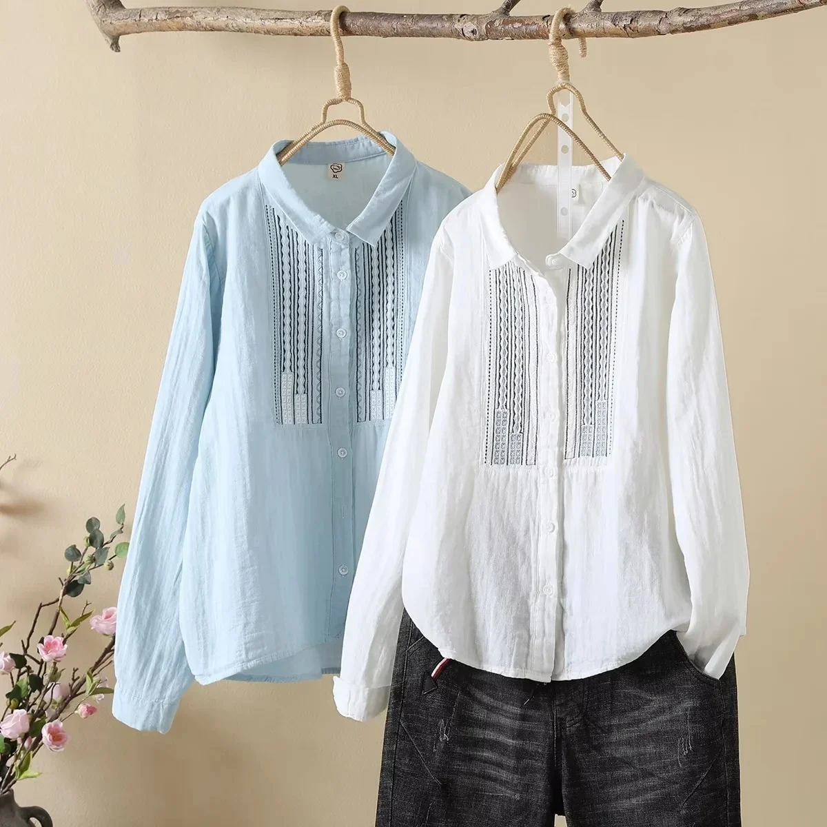 Cotton Yarn Ethnic Shirts Women Autumn Spring Japan Embroidery Blouses Long Sleeve Tops Soft Skin-Friendly Autumn Base Shirt