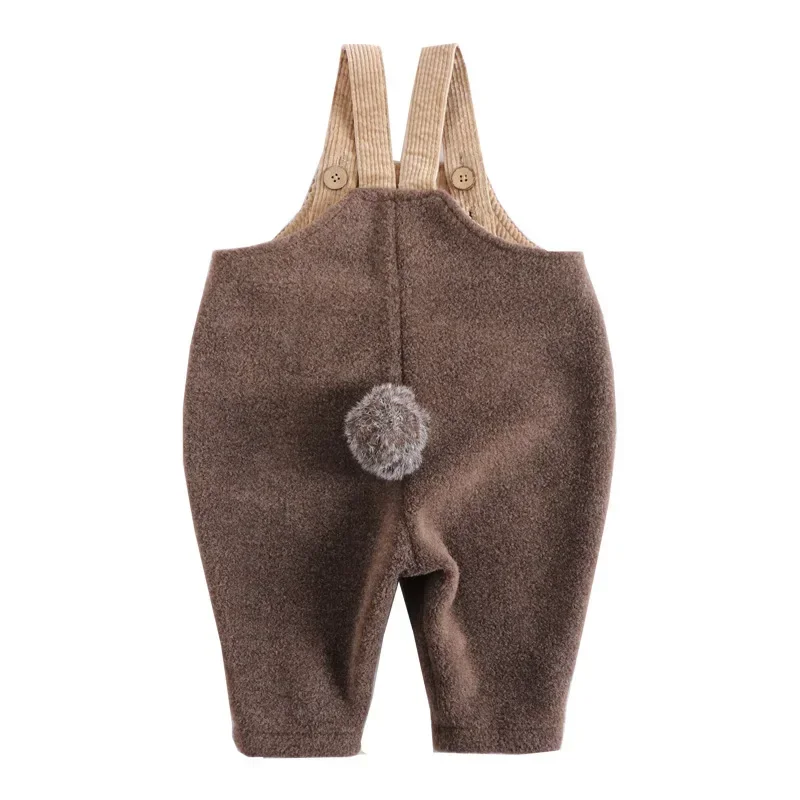 New Spring Autumn Boys and Girls Overalls Solid Soft Woolen Cloth Rabbit Tail Straps Jumpsuit Children Casual Warm Pants E23430