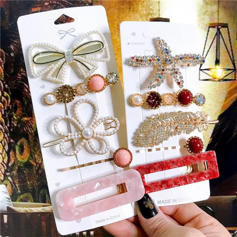 Fashion Simulation Pearl Hair Clips Set for Women 5PCS Korean Green Rhinestone Acetate Hairpins Girl Hair Accessories Jewelry