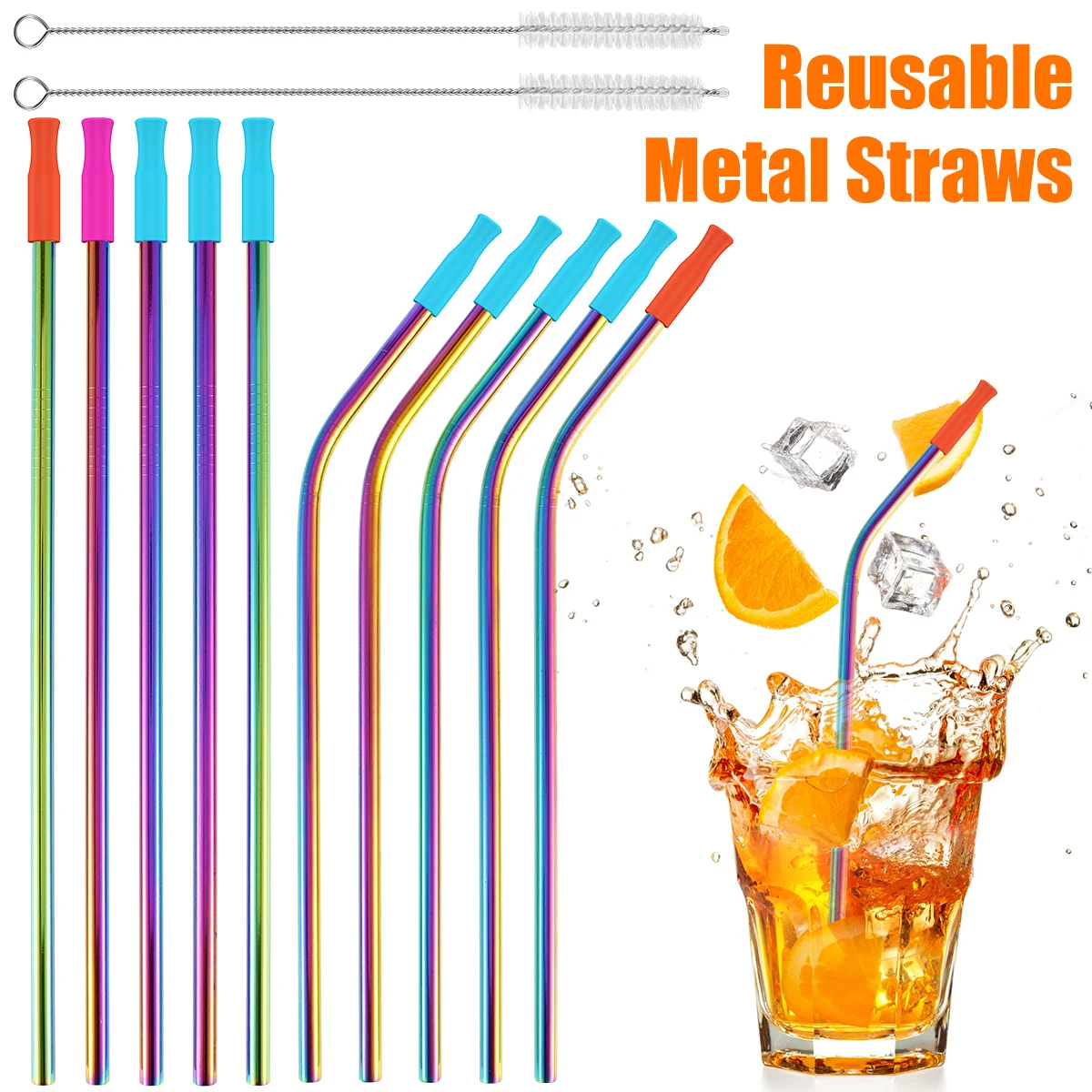 10Pcs Stainless Steel Straws Reusable Drinking Straws Colorful Curved Straight Straws Metal Straws Fit for 16/20 oz Tumbler Cups