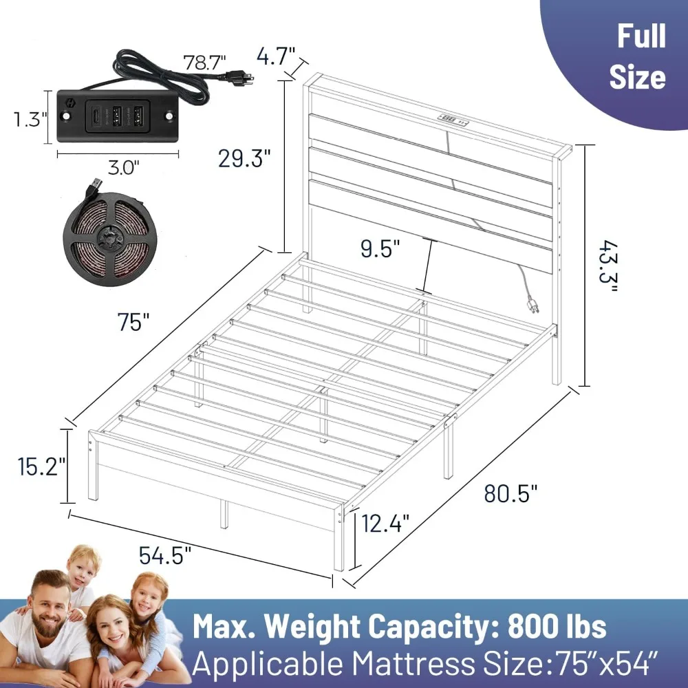 Full Size Bed Frame with Headboard,Steel Slats Support-LED Bed Frame with USB Charging Station,Under Bed Storage