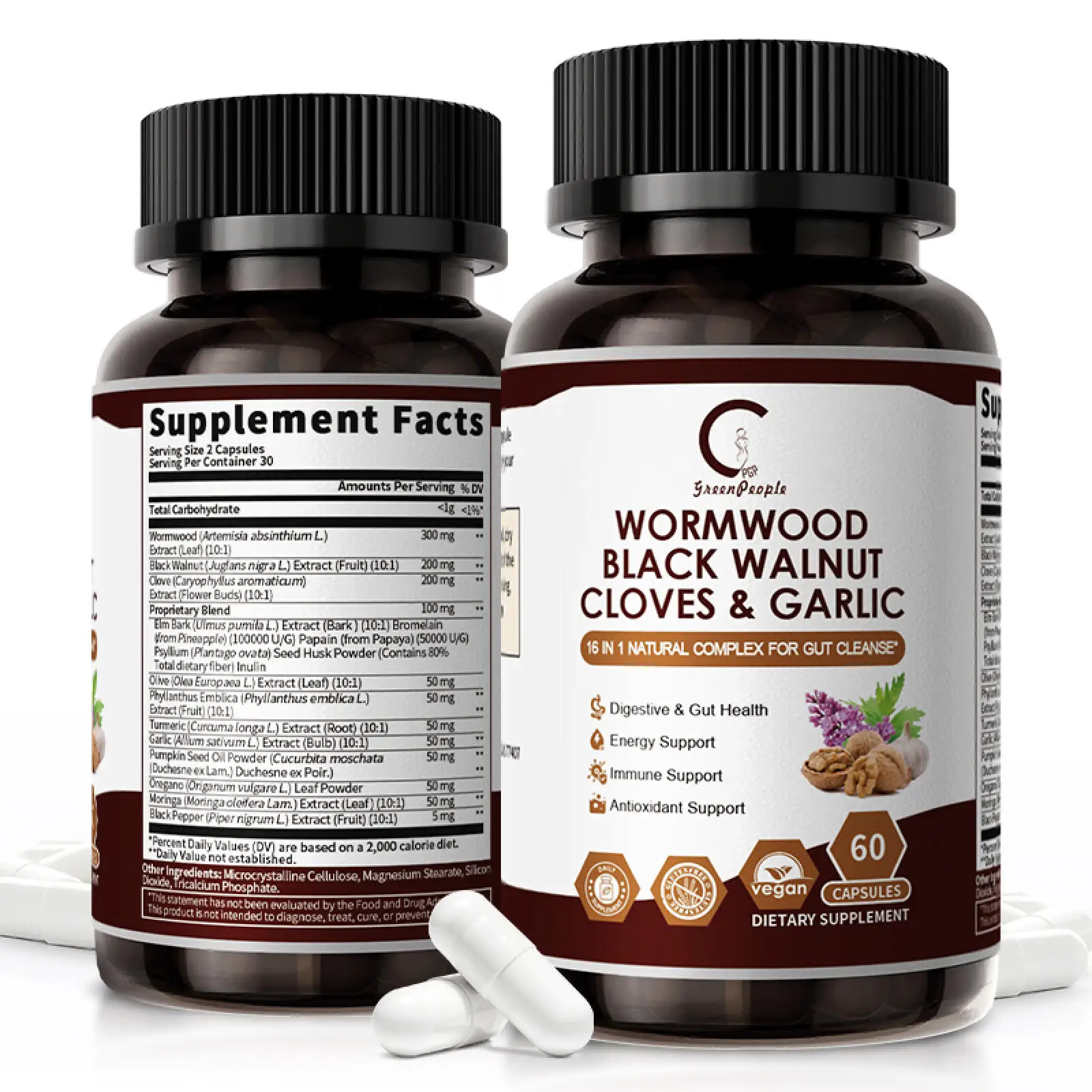 GPGP GreenPeople Black Walnut Wormwood Capsules with Clove & Garlic Gut Balance & Digestive Health Support,Botanical Supplement