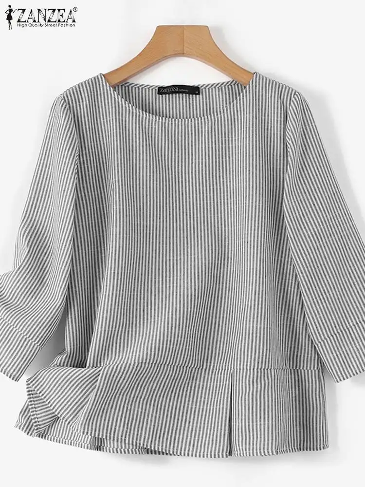 Autumn Striped Blouse ZANZEA Stylish Women O Neck 3/4 Sleeve Shirt Elegant Ruffles Work Blusas Casual Holiday Tops Tunic Chemise