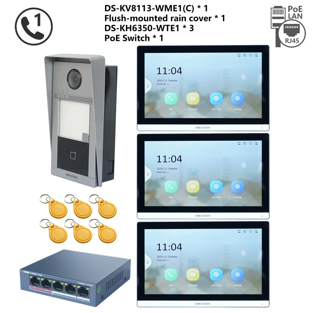 HIKVISION Original mehrsprachiges POE-Video-Gegensprechanlage-KIT, einschließlich DS-KV8113-WME1(C) und DS-KH6350-WTE1 und PoE-Switch