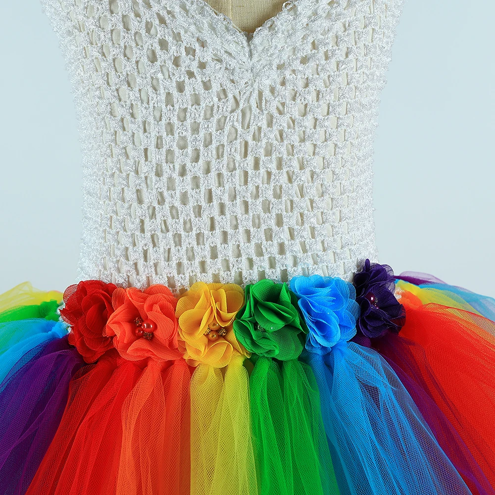 Rainbow Flowers Long Tutu Dress for Girls High Low Costume with Trail for Kids Halloween Birthday Outfit Girl Trailing Ball Gown