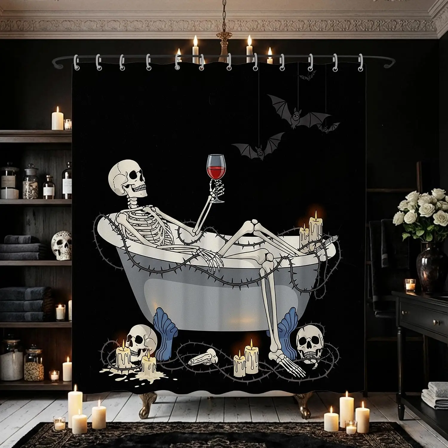 

Gothic Skeleton Shower Curtain Spooky Halloween Bath Decor Skull Bat Haunted Vampire Bathroom Waterproof Curtains for Unique