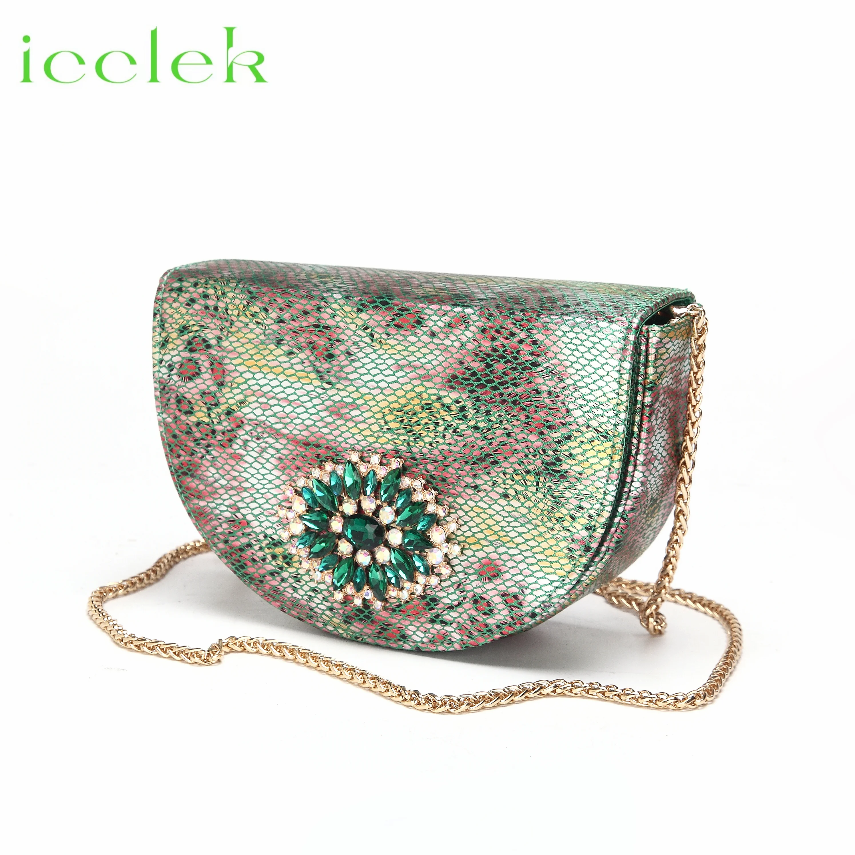 High Quality Peep Toe Snake pattern Special Design Ladies Party Shoes Matching Bag Set in Green Color