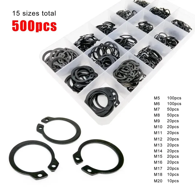 

Assorted Set of 250/500 Pieces, 5-20mm GB894, 65mn Black Steel Retaining Clip, C-Type Snap Ring, External Clip Pair