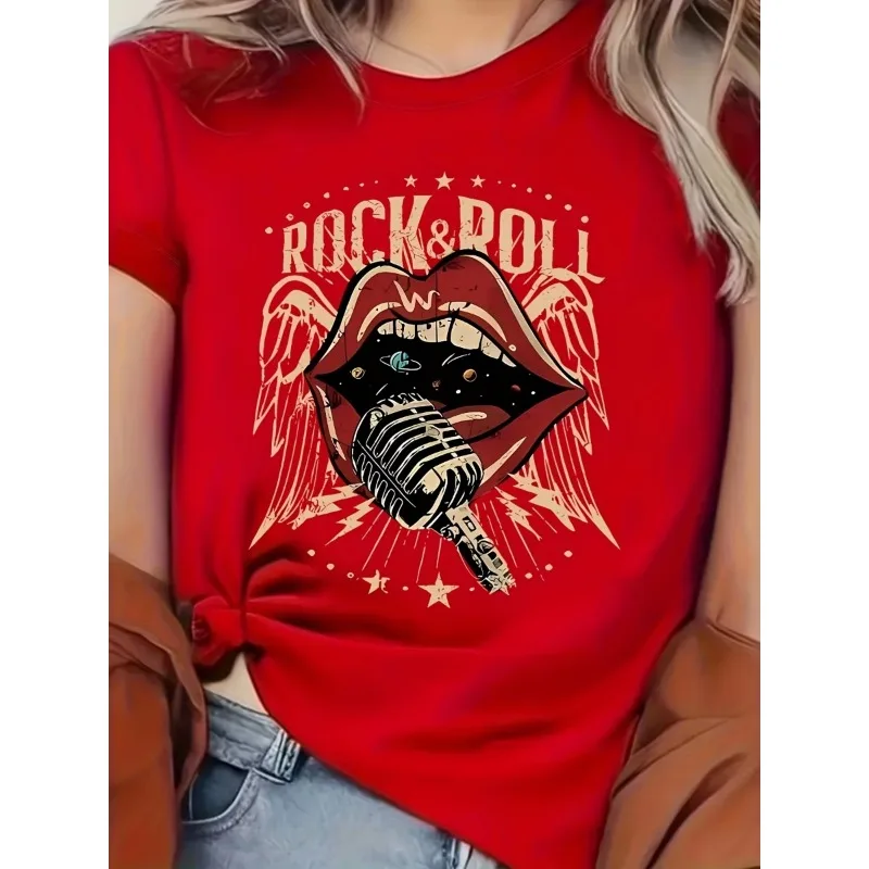 Women'S Vintage Rock Roll Microphone Mouth Graphic Tee - Casual Crew Neck Short Sleeve T-Shirt Summer Fashion Allseason Top