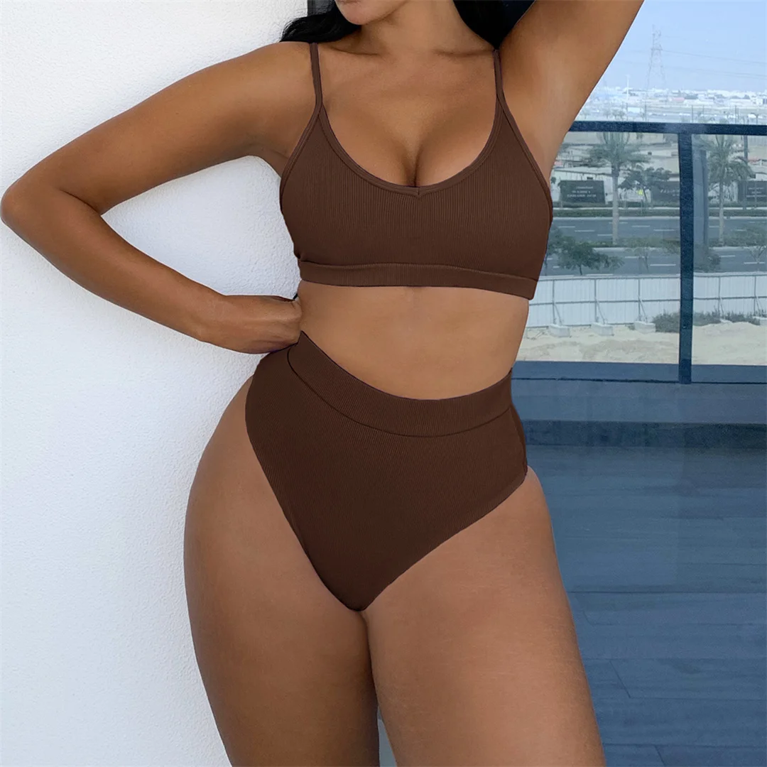 Neuer, gerippter, gepolsterter Bikini mit hoher Taille in 4 Farben, Damen-Badeanzug, zweiteiliges Bikini-Set, Badebekleidung, Badeanzug, Modell V3768. – Detail 9