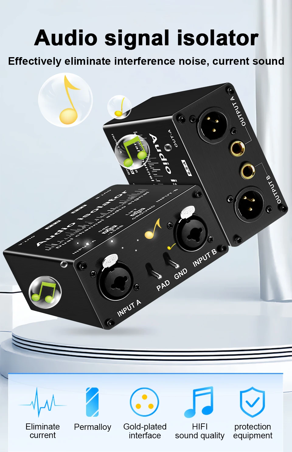 TITAK 2-Kanal XLR Audio-Isolator, Rauschunterdrückungsfilter eliminiert Stromrauschen, Dual-Kanal 6,5mm XLR Mixer Audio-Isolator – Detail 1