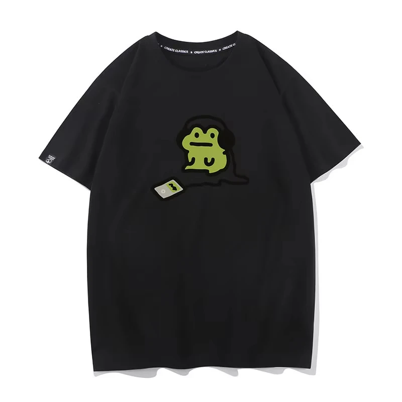 Little Green Frog Listening To Song Pure Cotton Printed Men's and Women's Personalized Casual T-shirt Y2K Harajuku Children's