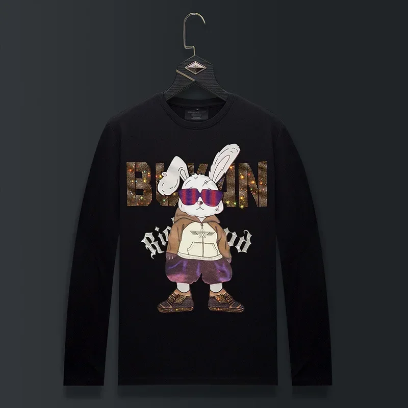 

Plus Size Cartoon Pattern T Shirts Men Rhinestones Fashion Streetwear O Neck Long Sleeve Slim Modal Cotton Tshirts Mens Clothing