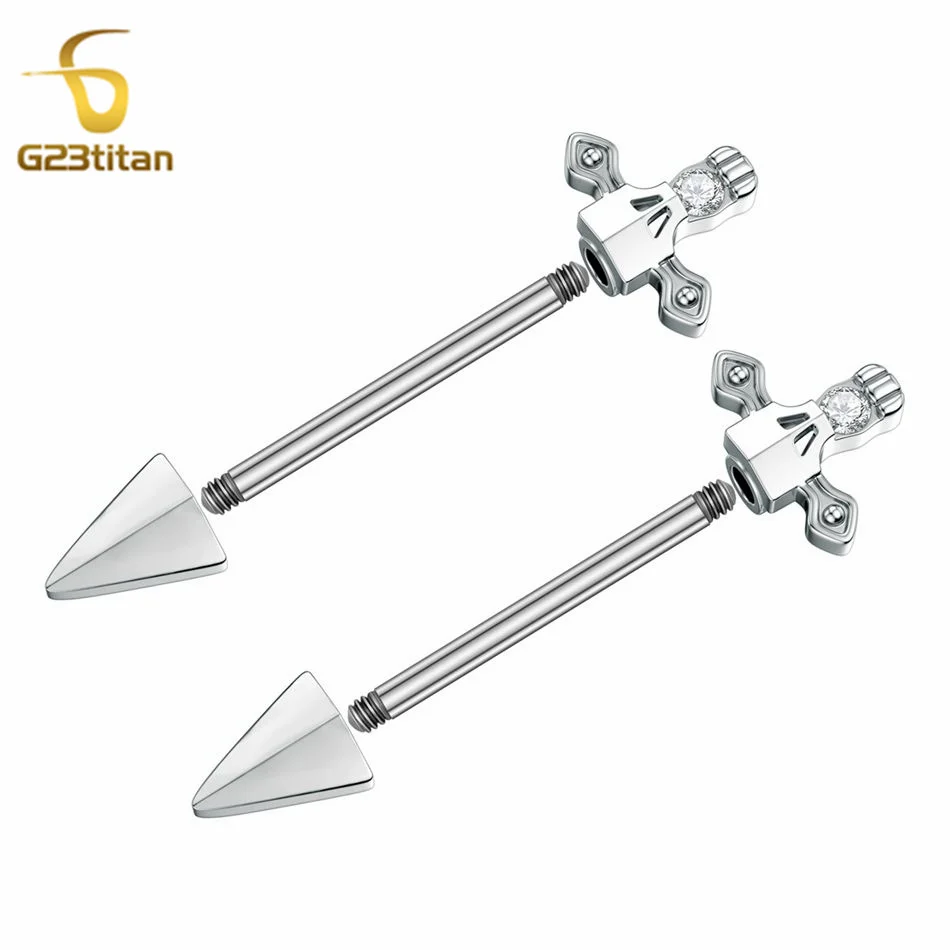 G23Titan 2pcs Cross Sword Zircon Nipple Rings 14G Titanium Barbell Body Piercings Anti Allergic Women Sexy Jewelry Accessories