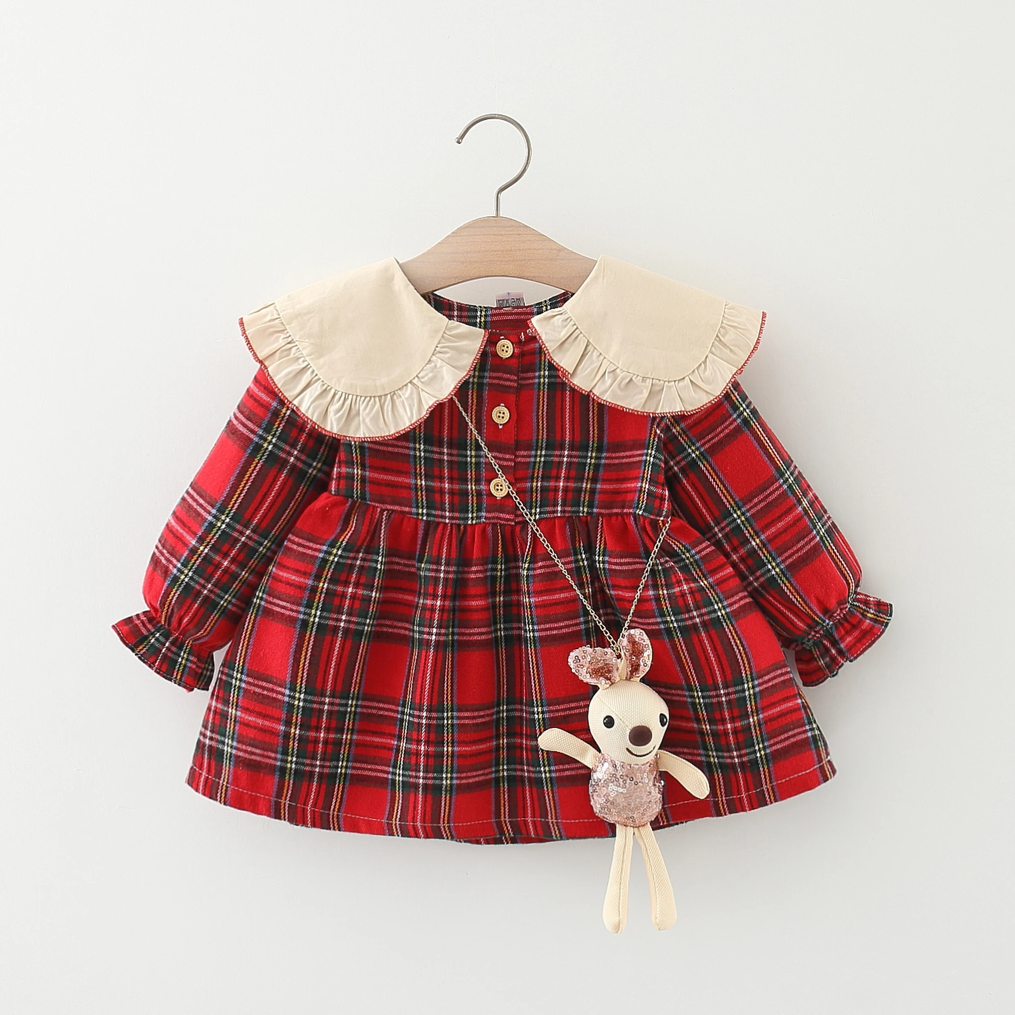 Summer girl kid sweet plaid sleeve doll neck dress princess dress baby dress+teddy bear pendant 6M-2T