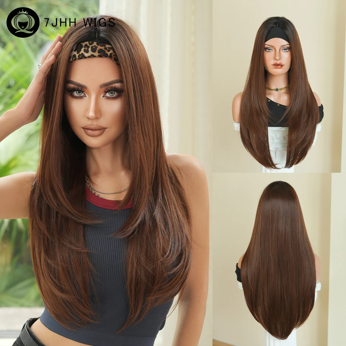7JHH WIGS Lange, gerade, mokkabraune Stirnband-Perücke für Damen, synthetische, dezente, modische Stirnband-Haarteil-Perücke mit Mittelteil in Schokoladenbraun