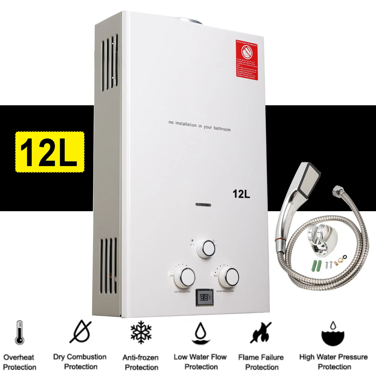 12L LPG Tankless Propana Pemanas Air Gas 24KW Portable Instan Pemanas Air Panas Boiler untuk Berkemah Di Luar Ruangan dengan Kepala Pancuran kit