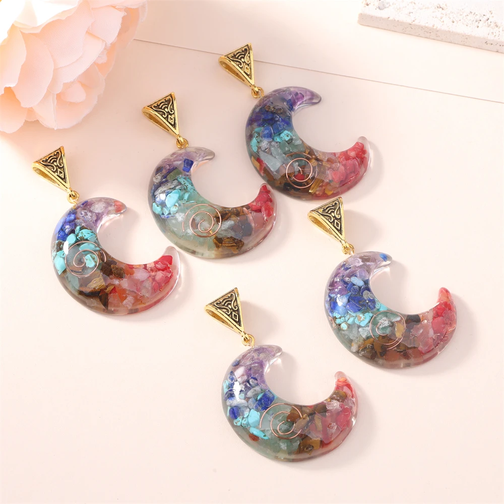 5Pcs Natural Colorful Gravel Pendant Hexagonal Pillar Moon Cuboid Resin Wrapped DIY Necklace Jewelry