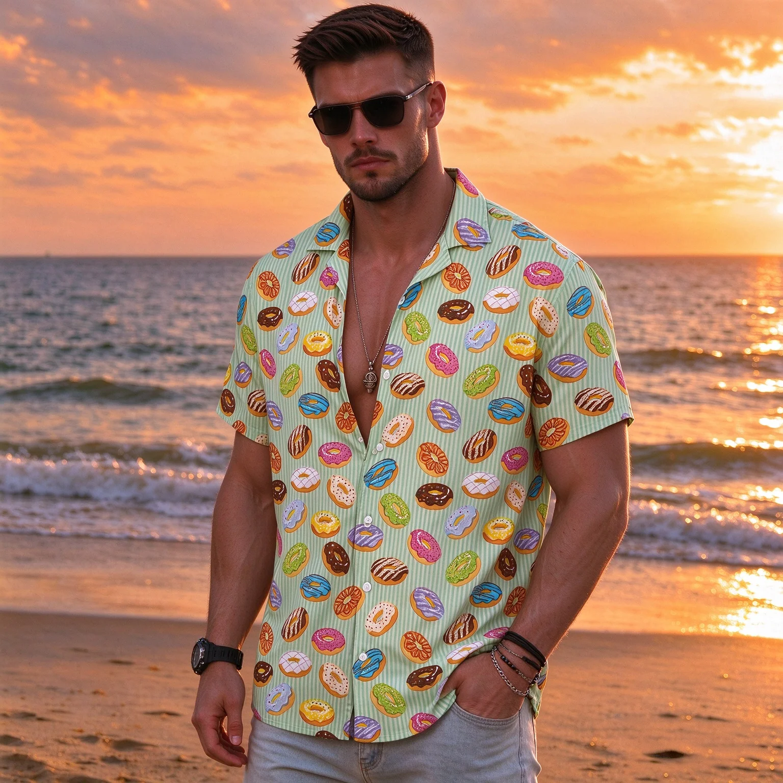 Hot Sale Men 3D Print Polyester Shirt,quick-dry Stylish Comfortable Short Sleeve Lapel Donut Pattern Beach Casual Button Up Top
