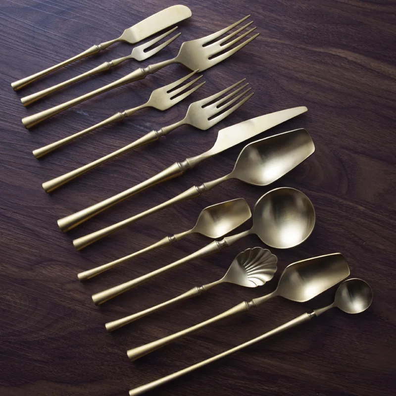 Matte Golden Cutlery Set 304 Stainless Steel Steak Knife Fork Spoon Set Vintage Fruit Fork Tea Spoon Western Tableware Set