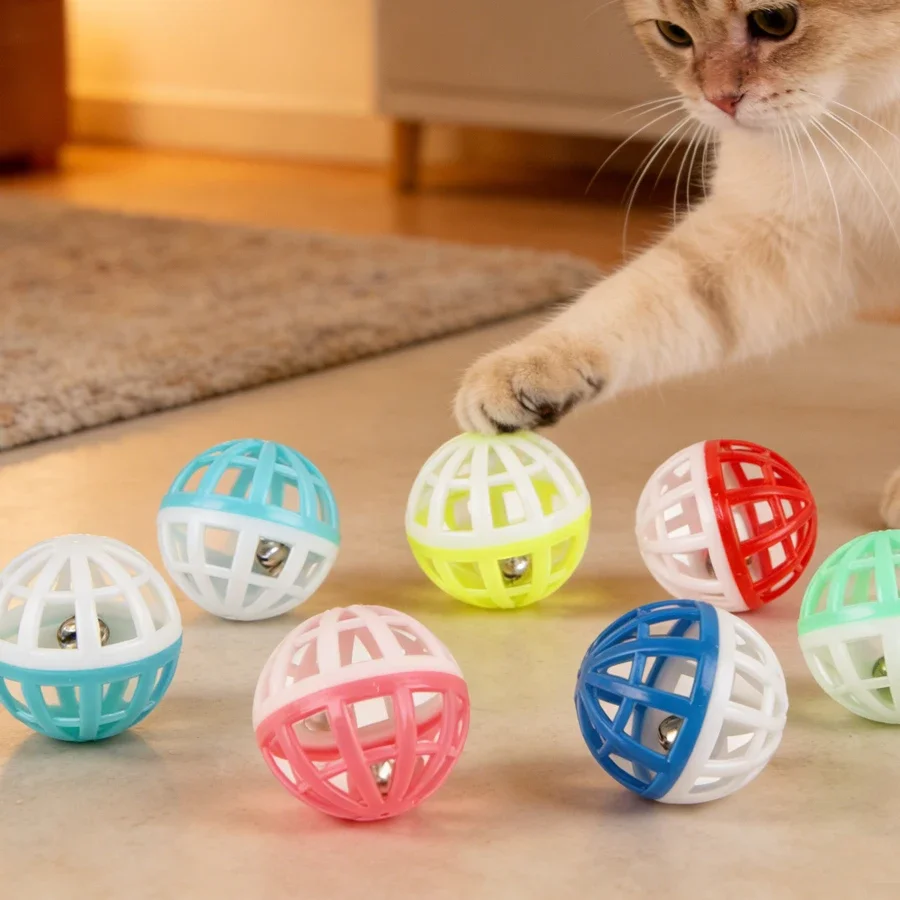 10pcs/set Plastic Cat Pet Sound Toy Cat Toys Hollow Out Round Pet Colorful Playing Ball Toys With Small Bell Cat Products
