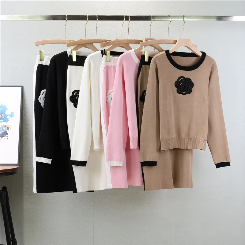 Women's Color Block Camellia Knitted Pullover Crew Neck Top Bodycon Skirt Elegant Commute Slimming Comfort Loose Two Piece Set