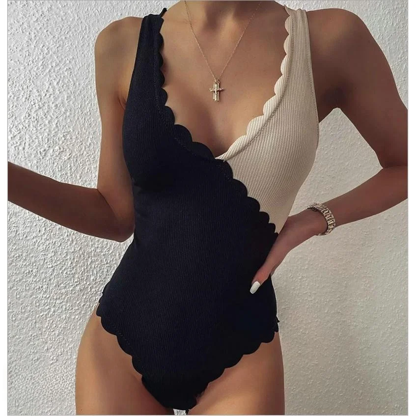 Sexy European And American Wavy V-neck Stitching Bodysuit mid Waist Short Pants Polyester Fabric Women's Underwear