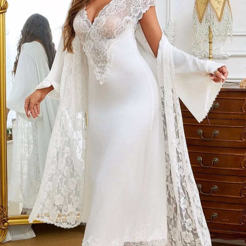 2026 New Summer Hot Selling Front and Rear Large V-neck Lace Patchwork Satin Elegant Home Skirt for Women