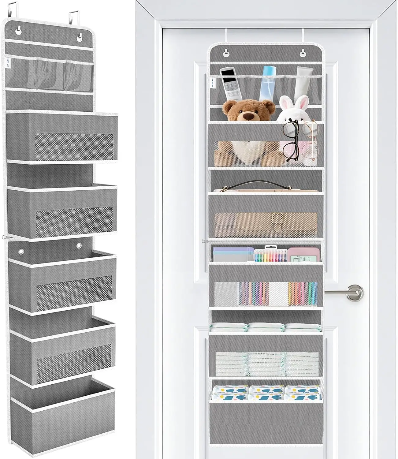 

Over The Door Organizer - 6 Shelves Detachable Hanging Bedroom Storage Solution with 5 Large Pockets and 3 PVC Pockets f
