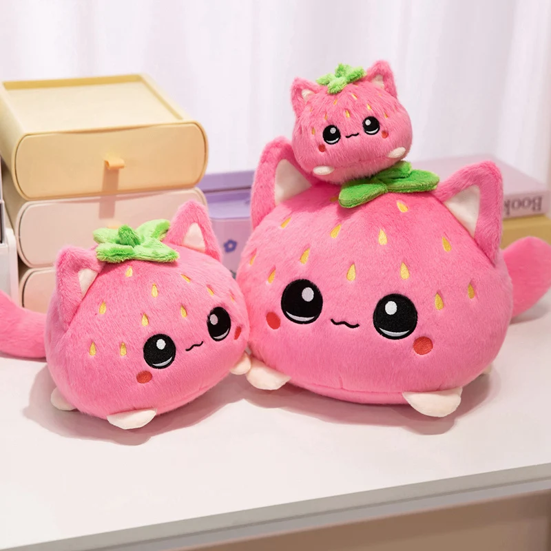 Cute Strawberry Cat Plush Toy Stuffed Pink Cat Turn into Strawberry Plushies Cartoon Animal Doll Soft Birthday Gift for Girl