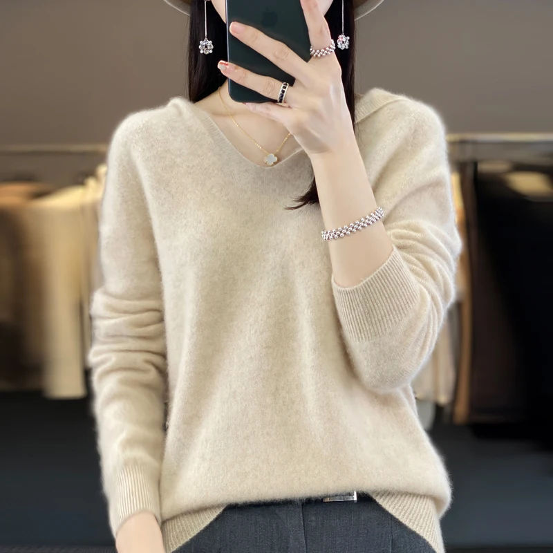 100% Merino Wool Hooded Sweaters Women Knitted Pullover Top Winter Warm Soft V-Collar Polychrome Sweater Women's Jumper