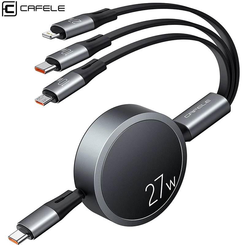 CAFELE 27W Fast Charging Cable 3in1 USB C to Type C to Lighting to Micro USB Cable For iPhone 15 Pro Max 16 14 13 Xiaomi Realme