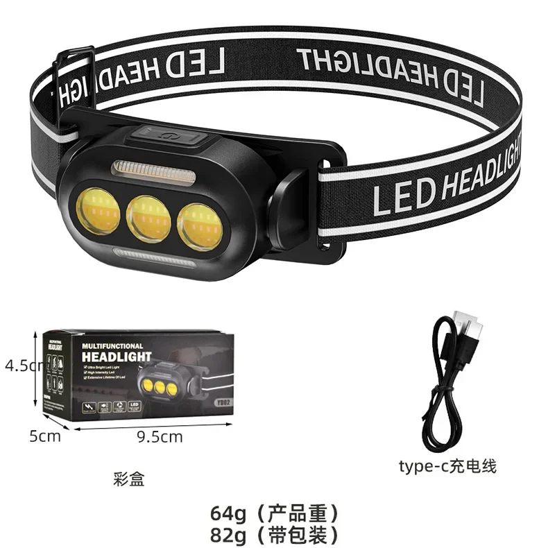 Super Bright COB LED Headlamp USB Rechargeable Red and Blue Flashing Headlights Portable Long Endurance Mining Head Light