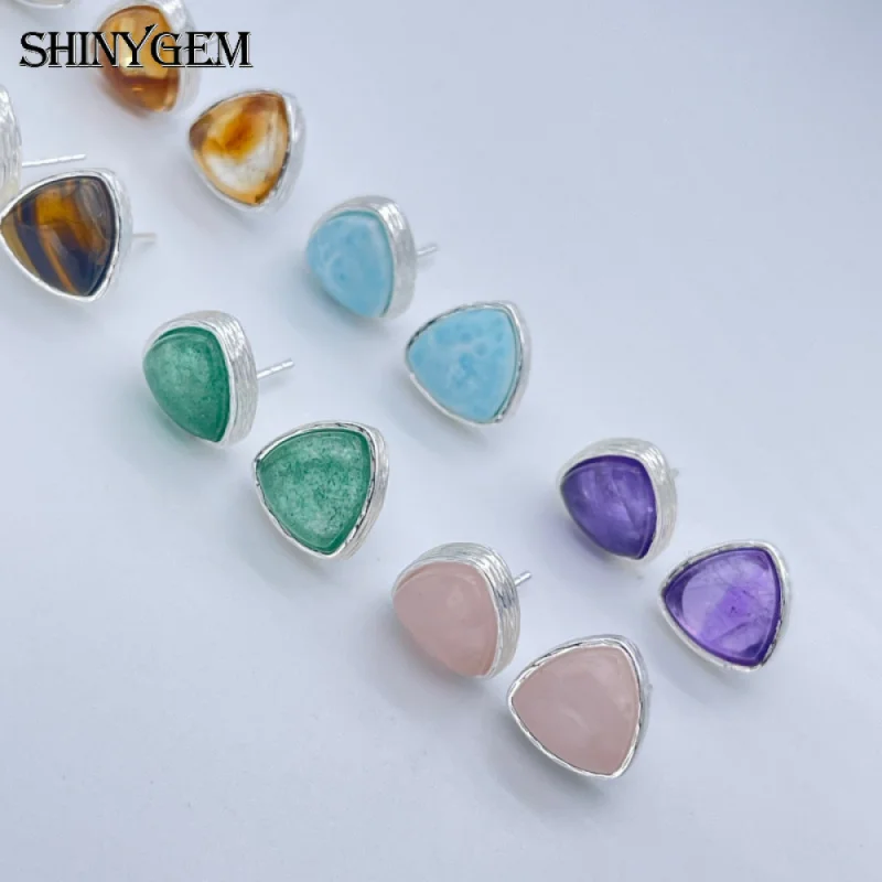 SHINYGEM Natural Stone Amethyst Larimar Triangle Stud Earrings Copper Plated White Gold Jewelry Women  Daily Party Accessories view 2
