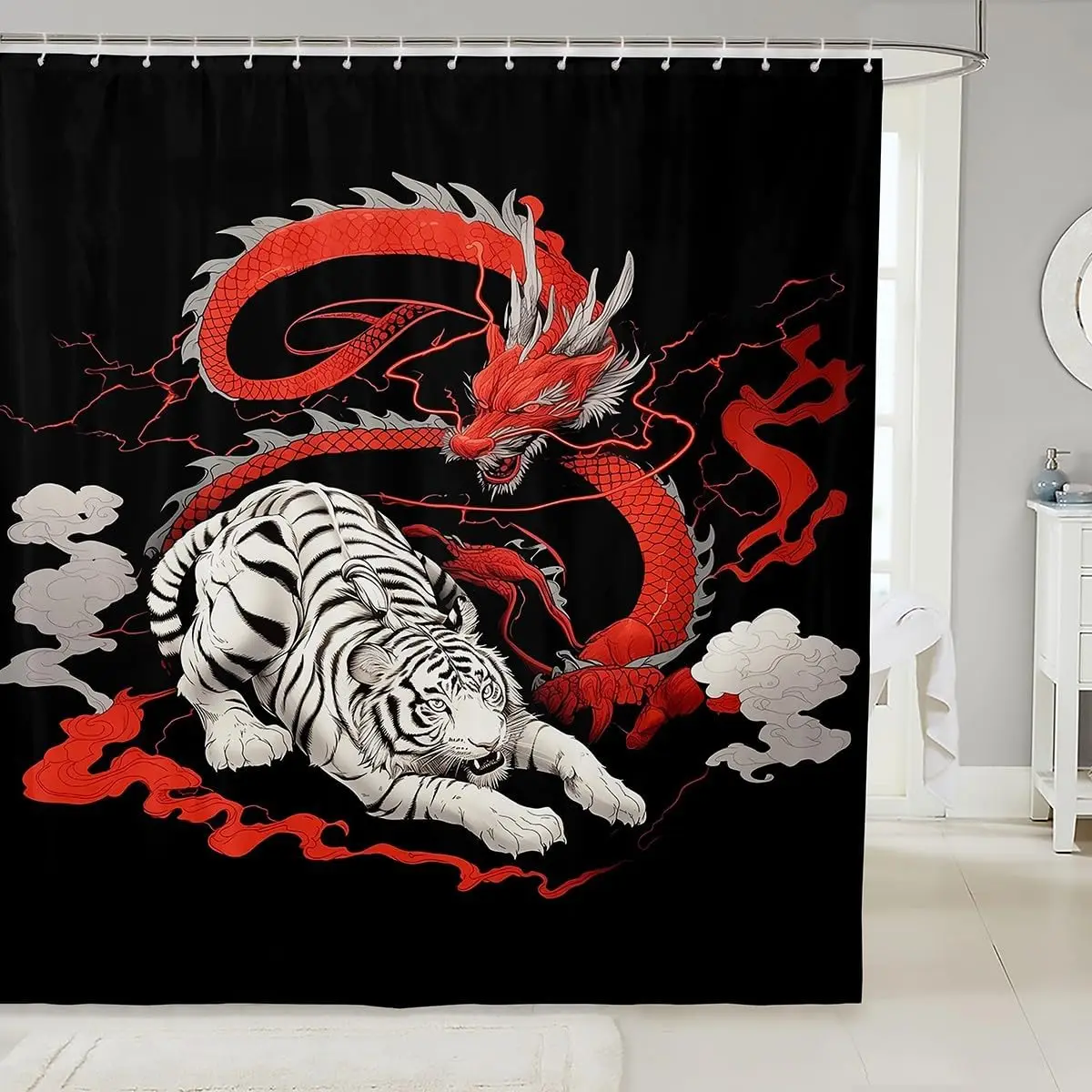 

Занавеска для душа с изображением тигра и дракона для мальчиков, девочек, подростков, с изображением диких животных, для спальни, ванной комнаты, домашнего декора, с крючками