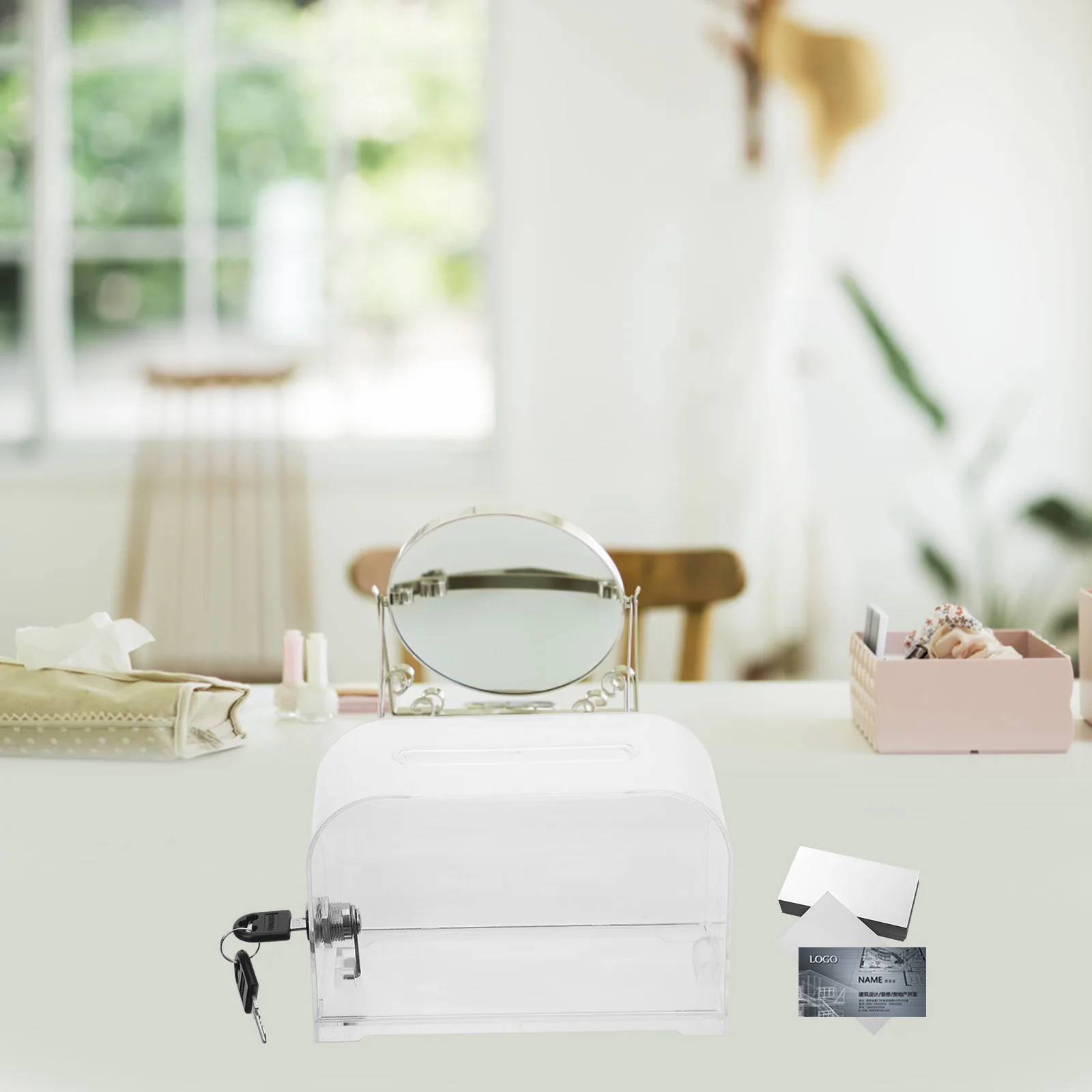 

Business Card Storage Box Cards Case Plastic Holder Desktop Organizer Multifunction Office