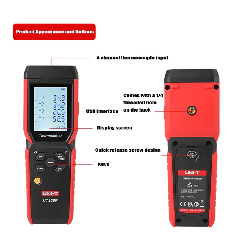 Termómetro termopar de cuatro canales UNI-T UT325F, termómetro de contacto multifunción, termómetro Digital de alta precisión duradero