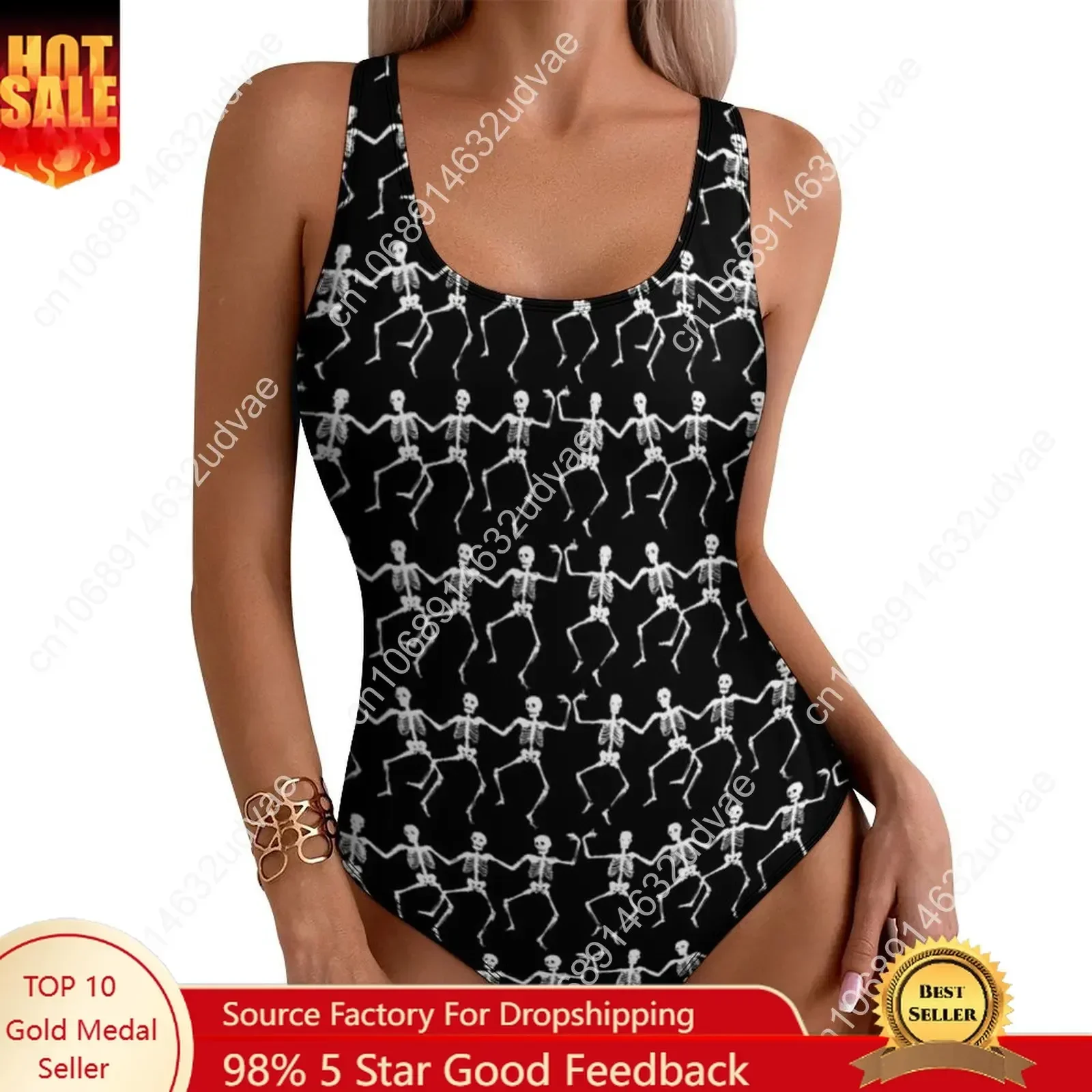 Spooky Halloween Print Swimsuit Sexy Dancing Skeletons One-Piece Swimwear Push Up Swimsuits Trend Sport Beach Wear
