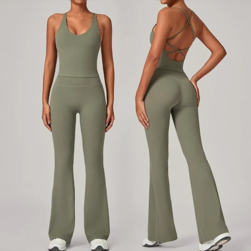 

Женский комплект для йоги телесного цвета, жилет, расклешенные брюки, спортивный костюм с красивой спиной, облегающий костюм с высокой талией, спортивный комплект для бега, фитнеса