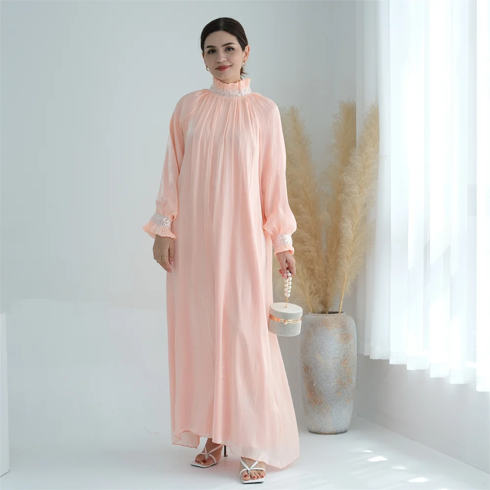 2024 New Pink Modest Dress for Muslim Women Eid Ramadan Dubai Luxury Abaya Elegant Female Casual Long Arabe Robe Islam Clothin