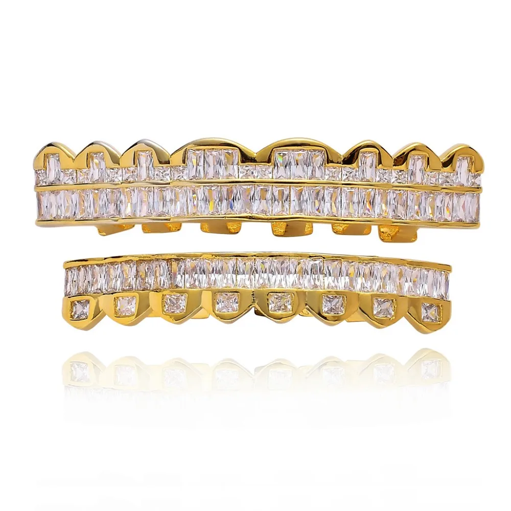 Hip Hop Iced Bling Baguette Zircon Teeth Grills for Women Men Body Piercing Jewelry Hollown Rapper Tooth Grillz 8 Top & 8 Bottom