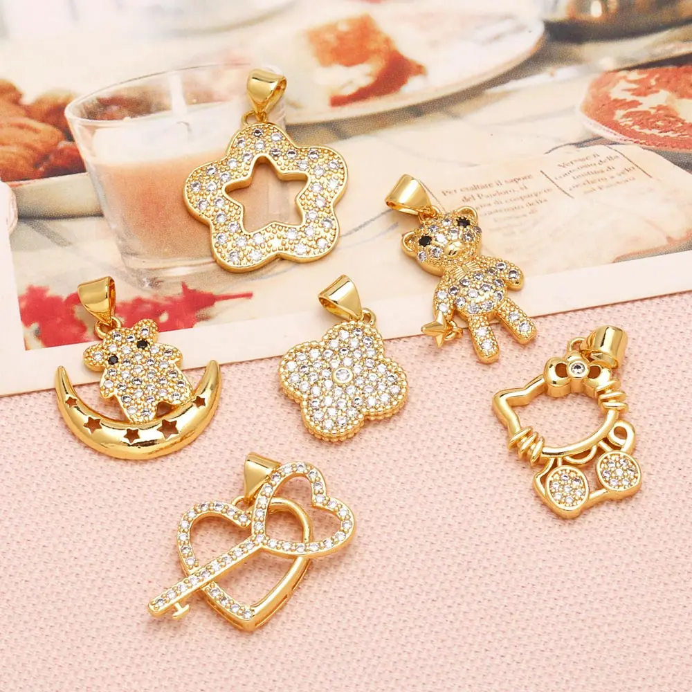 OCESRIO Fashion White Crystal Cute Moon Star Bear Pendant for Necklaces Copper Heart Flower Jewelry Making Component pdtb721