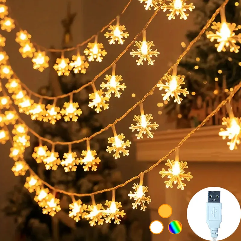 LED Lights String Snowflake Festoon Light USB Plug Christmas Tree Light Aesthetic Room Decoration Wedding Party New Year's Decor
