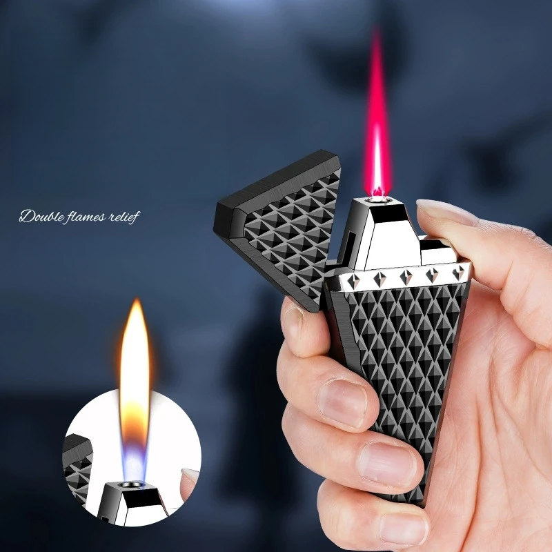 New Metal Diamond Double Fire Inflatable Lighter Windproof Electroplating Touch Open Flame Butane Portable Lighter Smoking Gift