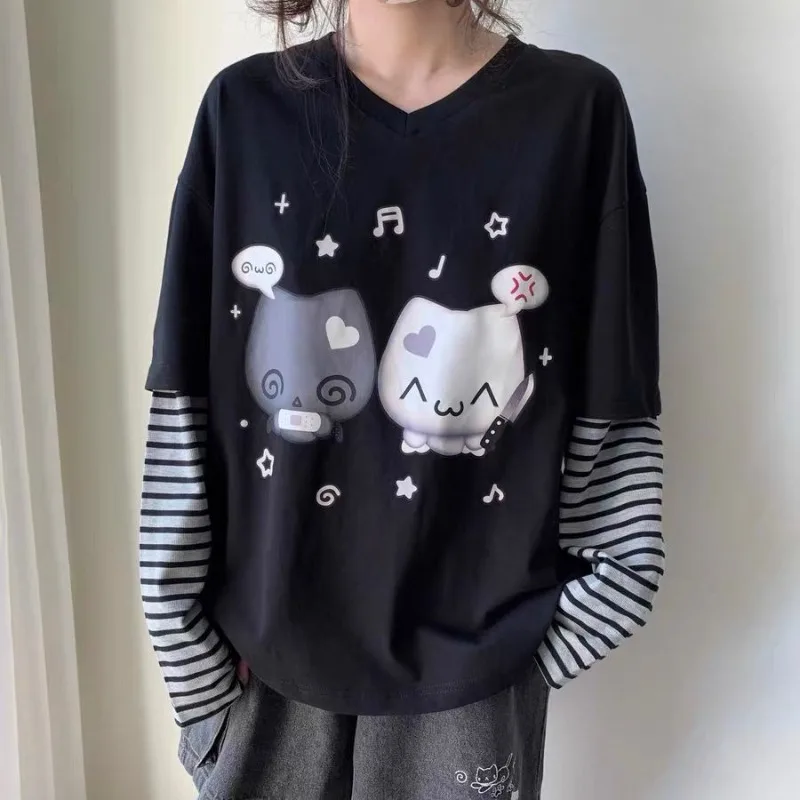 

HOUZHOU Black Print Graphic Women T-Shirts Kawaii Striped Long Sleeve Fake Two-piece Tees V Neck Loose Japanese Fashion Casual