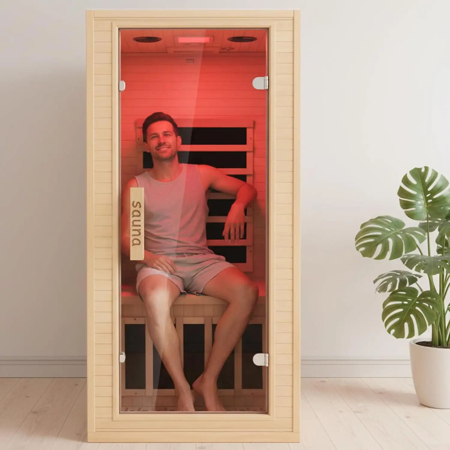 

1 Person Infrared Sauna Room - Canadian Hemlock Wood Home Sauna with Bluetooth Speaker & Chromotherapy Light, Customized