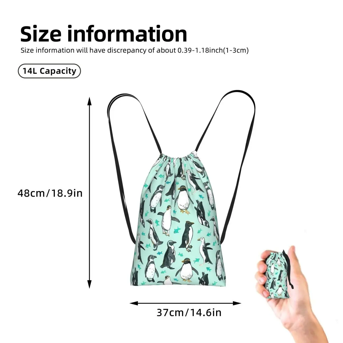 Lots Of Little Penguins On Mint Drawstring Backpack hiking cycling Bag Portable Travel Drawstring Bag for Men Women