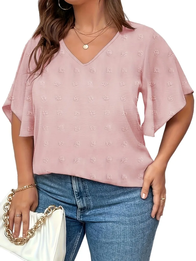 Plus Size  1XL-5XL Women\'s Fashion Solid V-neck Short Sleeved Shirt Casual Loose Fall Shoulder Sleeve T-shirt Top