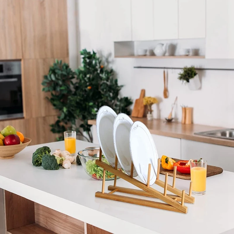 حامل رف أطباق خشبي ، حامل غطاء وعاء ، رف تجفيف ، منظم خزانة مطبخ لأطباق الأطباق ، خيزران ، 2 * *
